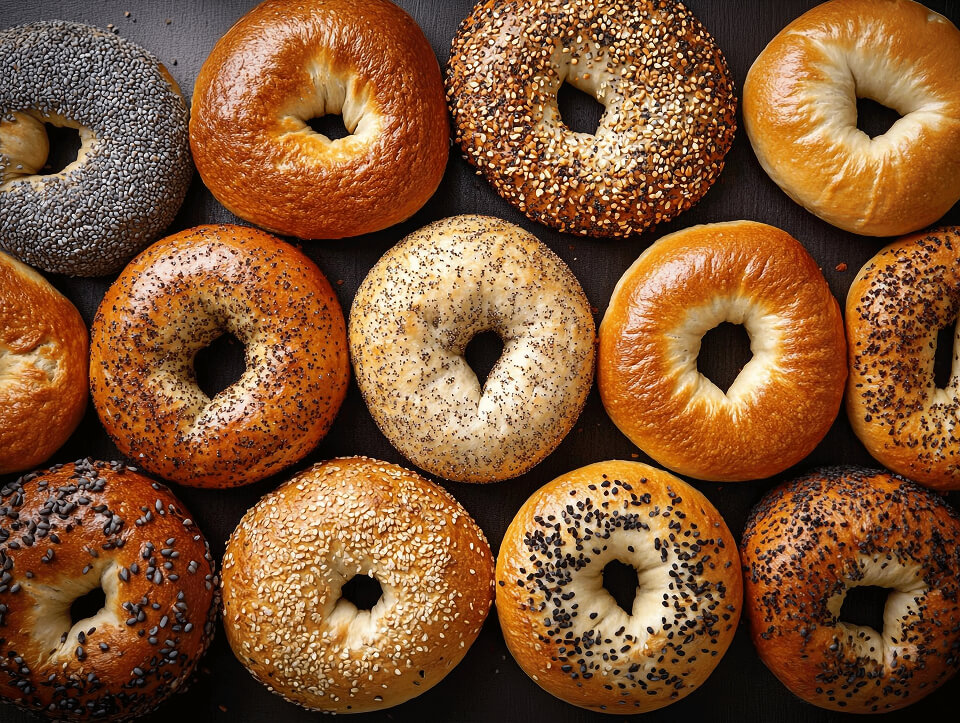Tray of fresh scratch-made bagels